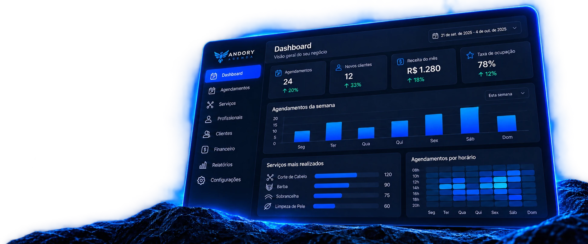 Prévia ilustrativa do dashboard Andory Agenda com indicadores e agendamentos